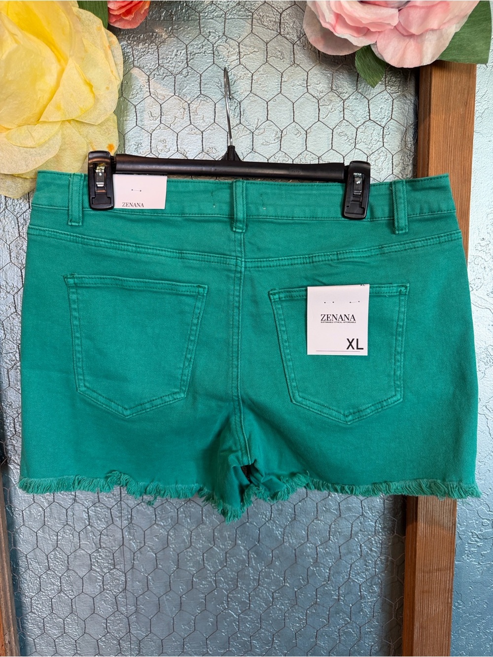 Zenana Outfitters Emerald Green Frayed Hem Denim Shorts